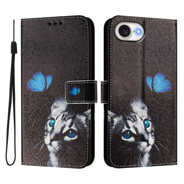 For iPhone 16e Art Colored Drawing Pattern Leather Phone Case(Butterfly cat) by bashfashion