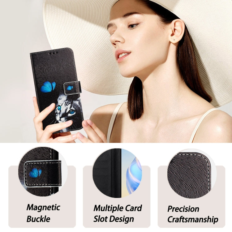 For iPhone 16e Art Colored Drawing Pattern Leather Phone Case(Butterfly cat) by bashfashion