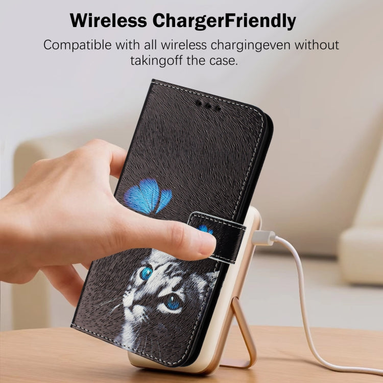 For iPhone 16e Art Colored Drawing Pattern Leather Phone Case(Butterfly cat) by bashfashion