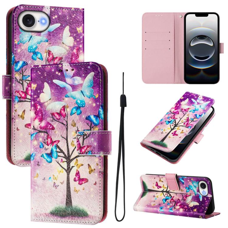 For iPhone 16e Art Colored Drawing Pattern Leather Phone Case(Butterfly branch) by bashfashion