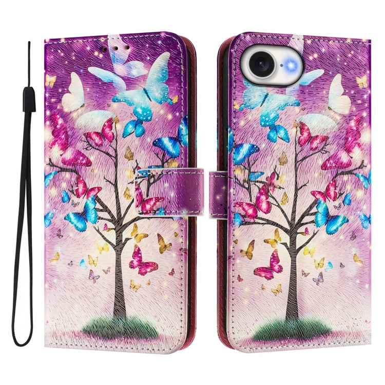 For iPhone 16e Art Colored Drawing Pattern Leather Phone Case(Butterfly branch) by bashfashion