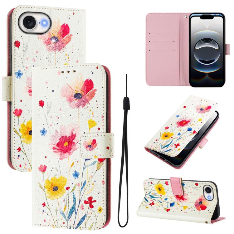 For iPhone 16e Art Colored Drawing Pattern Leather Phone Case(Flowers and plants) by bashfashion