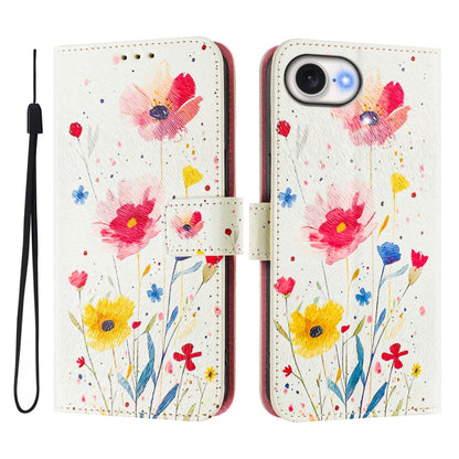 For iPhone 16e Art Colored Drawing Pattern Leather Phone Case(Flowers and plants) by bashfashion