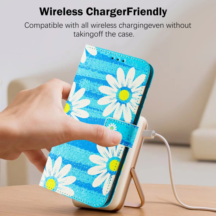 For iPhone 16e Art Colored Drawing Pattern Leather Phone Case(Blue daisy) by bashfashion