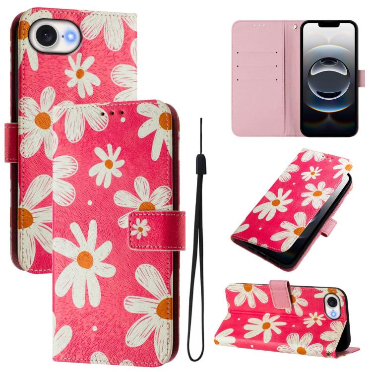 For iPhone 16e Art Colored Drawing Pattern Leather Phone Case(Pink daisy) by bashfashion