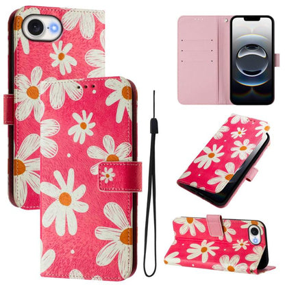 For iPhone 16e Art Colored Drawing Pattern Leather Phone Case(Pink daisy) by bashfashion