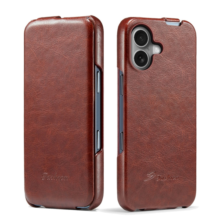 For iPhone 16 Fierre Shann 64 Texture Vertical Flip PU Leather Phone Case(Brown) by FIERRE SHANN
