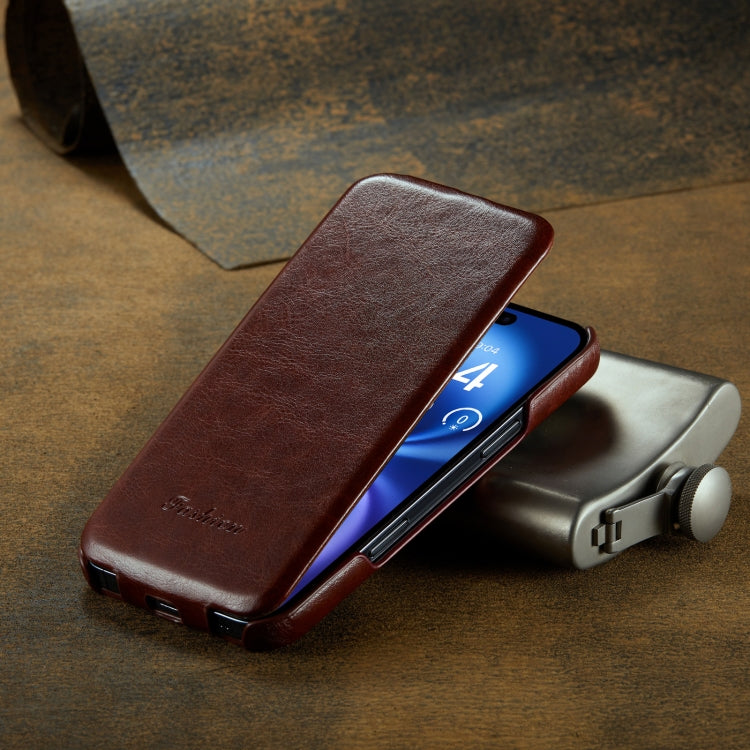 For iPhone 16 Fierre Shann 64 Texture Vertical Flip PU Leather Phone Case(Brown) by FIERRE SHANN