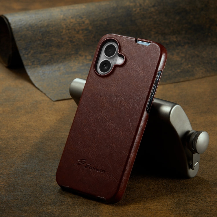 For iPhone 16 Fierre Shann 64 Texture Vertical Flip PU Leather Phone Case(Brown) by FIERRE SHANN