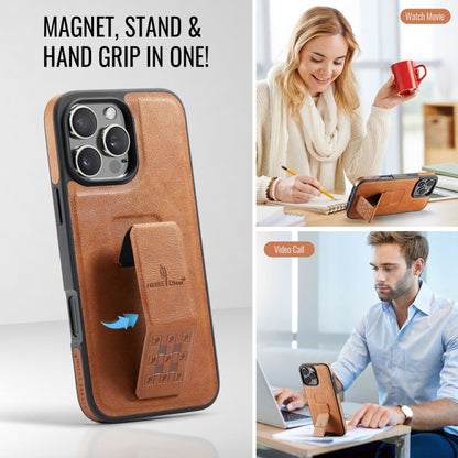 For iPhone 16 Pro Max Fierre Shann Oil Wax Cow Leather Holder Back Phone Case(Brown) by FIERRE SHANN