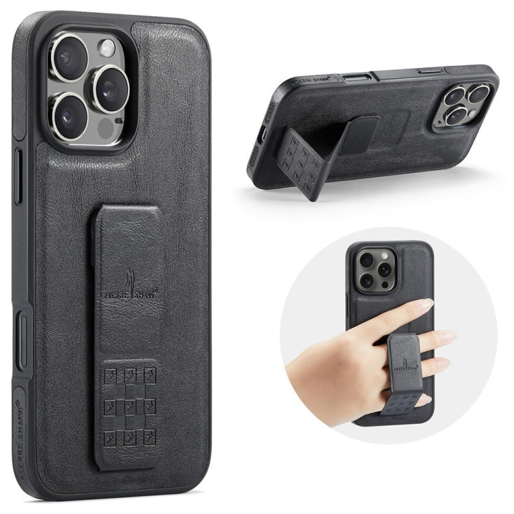 For iPhone 16 Pro Fierre Shann Oil Wax Cow Leather Holder Back Phone Case(Black) by FIERRE SHANN