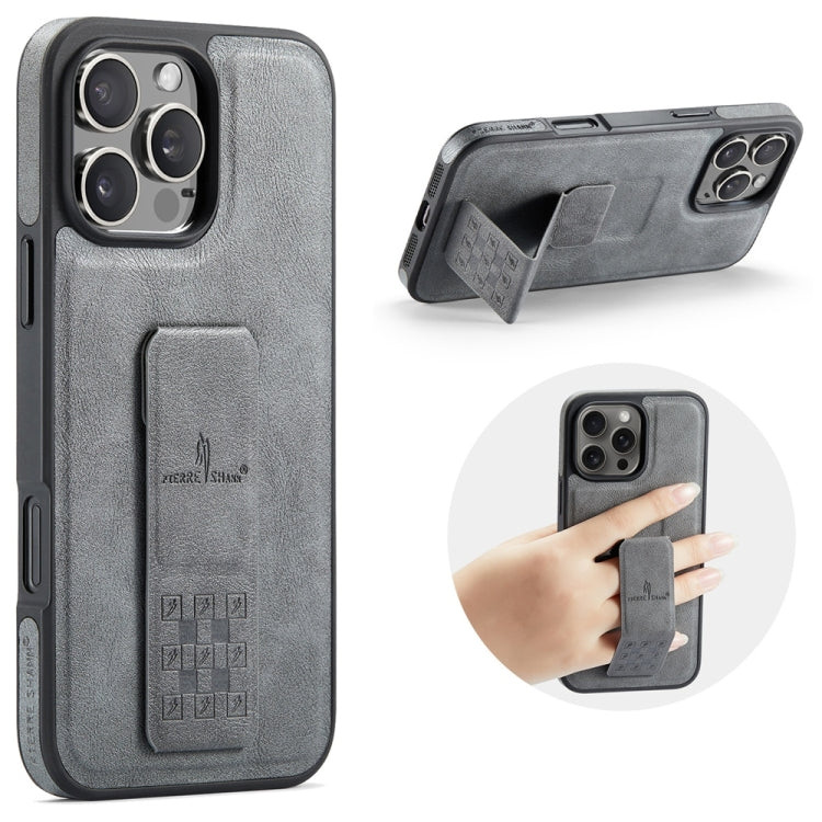 For iPhone 16 Pro Fierre Shann Oil Wax Cow Leather Holder Back Phone Case(Grey) by FIERRE SHANN