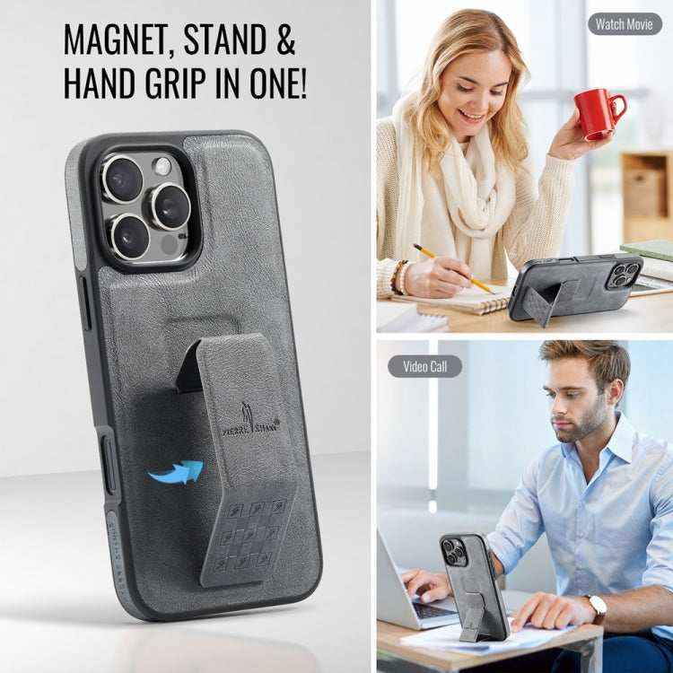 For iPhone 16 Pro Fierre Shann Oil Wax Cow Leather Holder Back Phone Case(Grey) by FIERRE SHANN