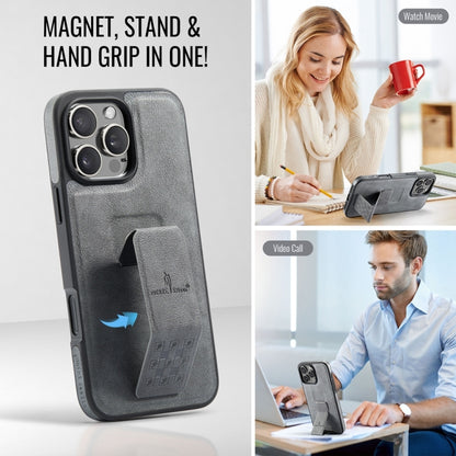 For iPhone 16 Pro Fierre Shann Oil Wax Cow Leather Holder Back Phone Case(Grey) by FIERRE SHANN