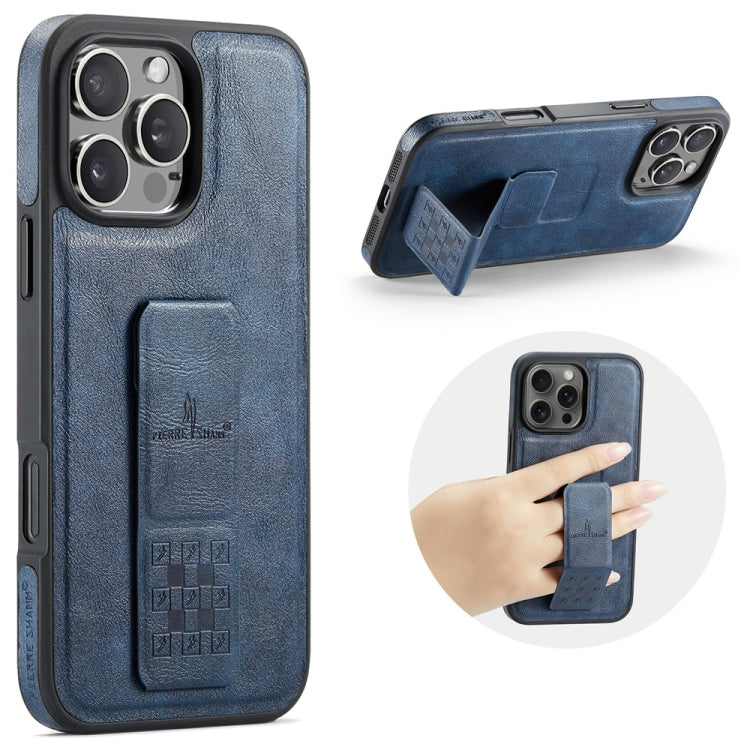 For iPhone 16 Pro Fierre Shann Oil Wax Cow Leather Holder Back Phone Case(Blue) by FIERRE SHANN