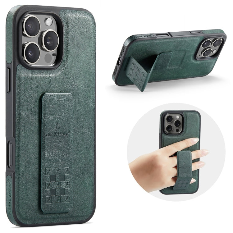 For iPhone 16 Pro Fierre Shann Oil Wax Cow Leather Holder Back Phone Case(Green) by FIERRE SHANN