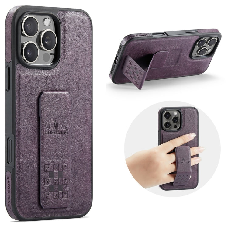 For iPhone 16 Pro Fierre Shann Oil Wax Cow Leather Holder Back Phone Case(Purple) by FIERRE SHANN