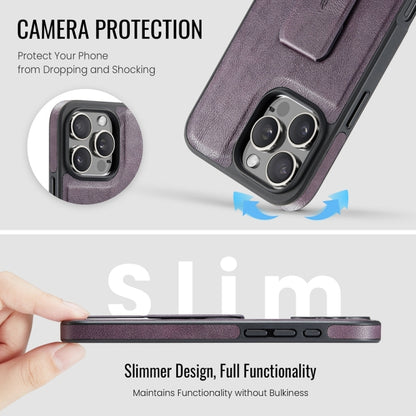 For iPhone 16 Pro Fierre Shann Oil Wax Cow Leather Holder Back Phone Case(Purple) by FIERRE SHANN