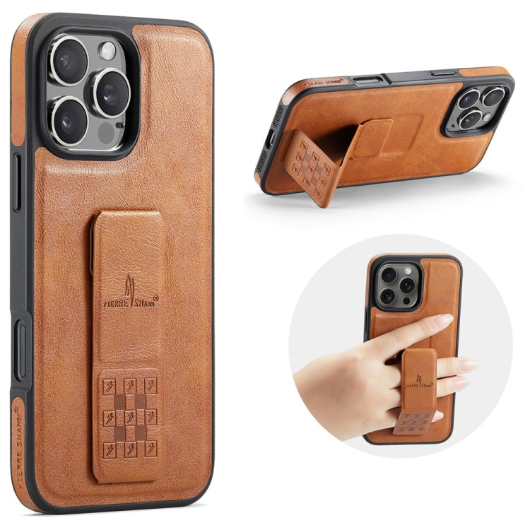 For iPhone 16 Pro Fierre Shann Oil Wax Cow Leather Holder Back Phone Case(Brown) by FIERRE SHANN