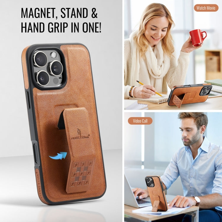 For iPhone 16 Pro Fierre Shann Oil Wax Cow Leather Holder Back Phone Case(Brown) by FIERRE SHANN