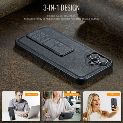 For iPhone 16 Plus Fierre Shann Oil Wax Cow Leather Holder Back Phone Case(Black) by FIERRE SHANN