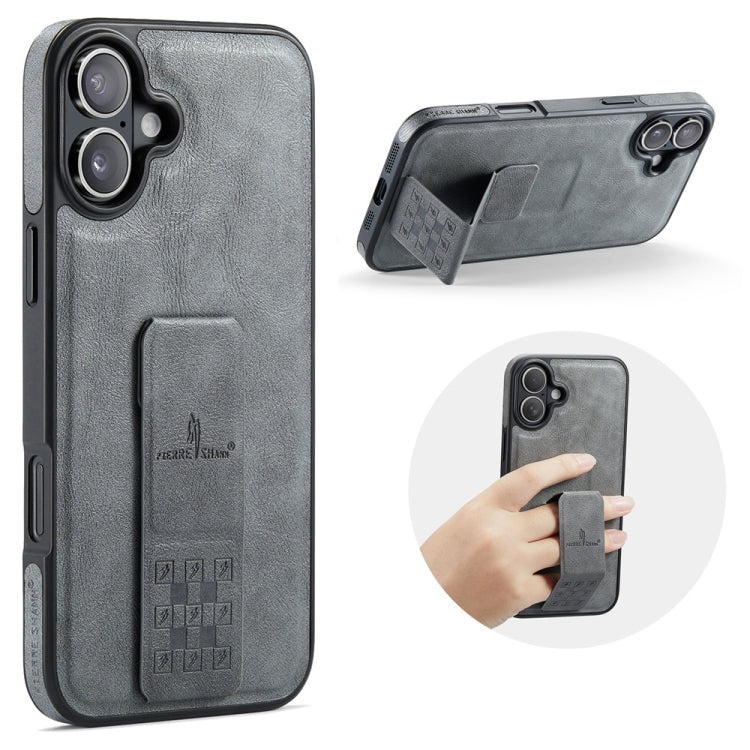 For iPhone 16 Plus Fierre Shann Oil Wax Cow Leather Holder Back Phone Case(Grey) by FIERRE SHANN