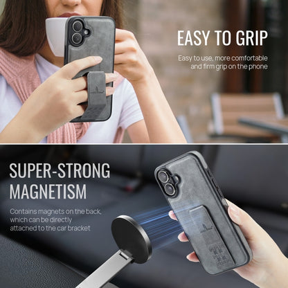 For iPhone 16 Plus Fierre Shann Oil Wax Cow Leather Holder Back Phone Case(Grey) by FIERRE SHANN