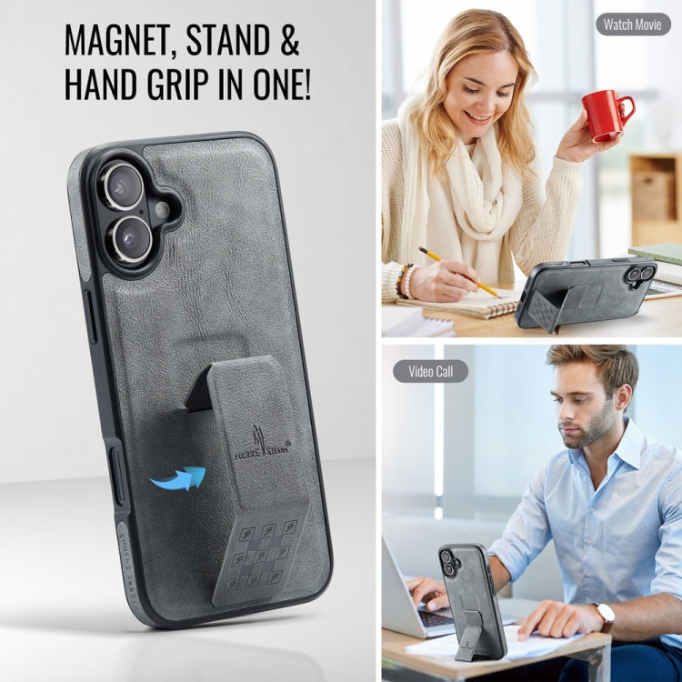 For iPhone 16 Plus Fierre Shann Oil Wax Cow Leather Holder Back Phone Case(Grey) by FIERRE SHANN