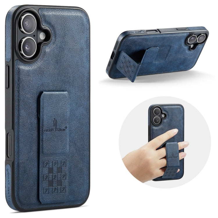 For iPhone 16 Plus Fierre Shann Oil Wax Cow Leather Holder Back Phone Case(Blue) by FIERRE SHANN