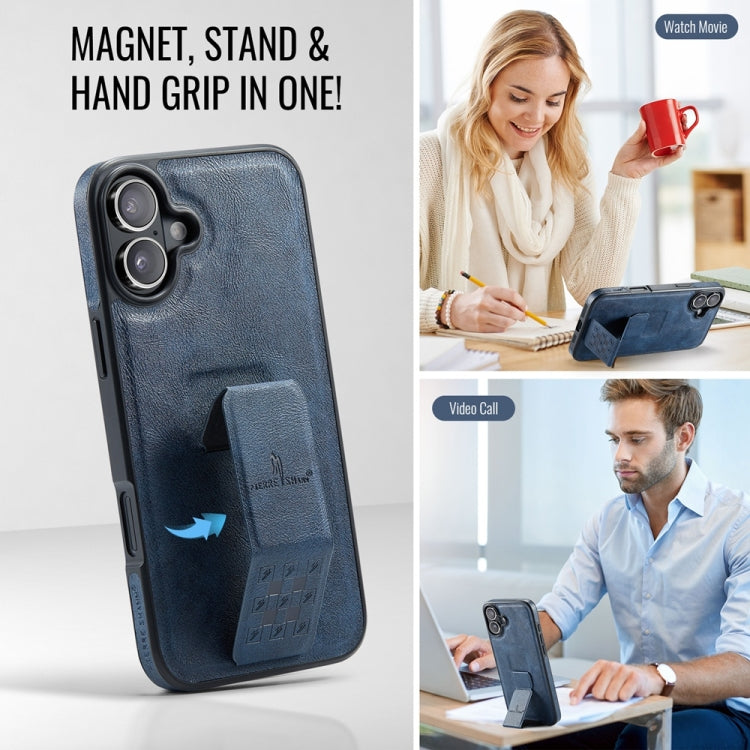For iPhone 16 Plus Fierre Shann Oil Wax Cow Leather Holder Back Phone Case(Blue) by FIERRE SHANN