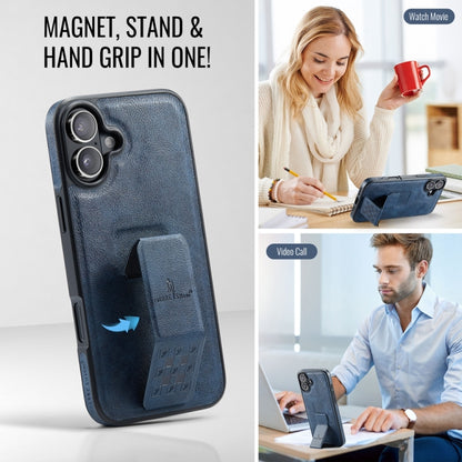 For iPhone 16 Plus Fierre Shann Oil Wax Cow Leather Holder Back Phone Case(Blue) by FIERRE SHANN