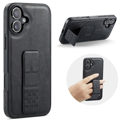 For iPhone 16 Fierre Shann Oil Wax Cow Leather Holder Back Phone Case(Black) by FIERRE SHANN