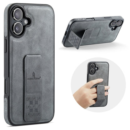 For iPhone 16 Fierre Shann Oil Wax Cow Leather Holder Back Phone Case(Grey) by FIERRE SHANN
