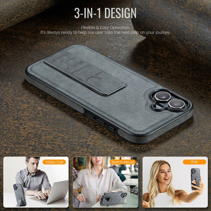 For iPhone 16 Fierre Shann Oil Wax Cow Leather Holder Back Phone Case(Grey) by FIERRE SHANN