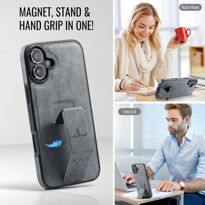 For iPhone 16 Fierre Shann Oil Wax Cow Leather Holder Back Phone Case(Grey) by FIERRE SHANN