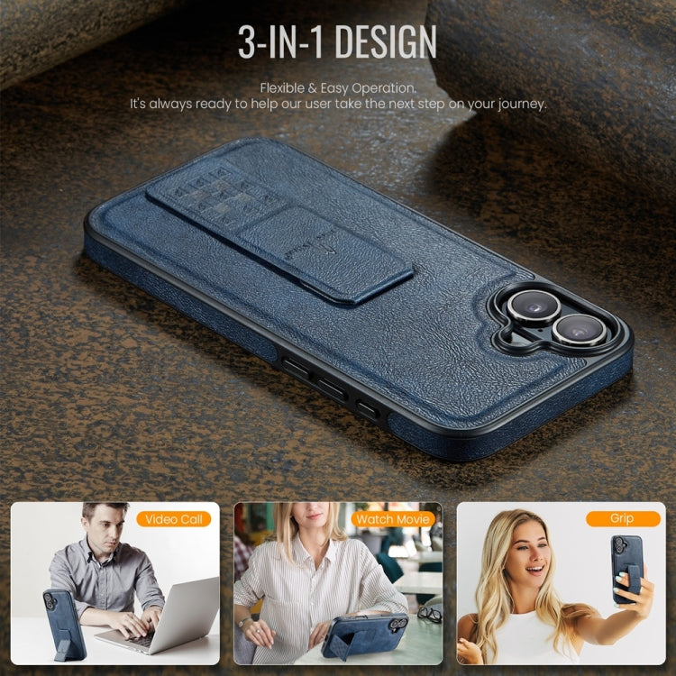 For iPhone 16 Fierre Shann Oil Wax Cow Leather Holder Back Phone Case(Blue) by FIERRE SHANN