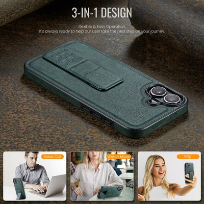 For iPhone 16 Fierre Shann Oil Wax Cow Leather Holder Back Phone Case(Green) by FIERRE SHANN
