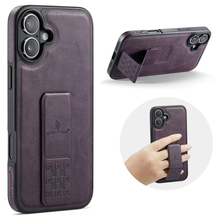 For iPhone 16 Fierre Shann Oil Wax Cow Leather Holder Back Phone Case(Purple) by FIERRE SHANN