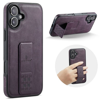 For iPhone 16 Fierre Shann Oil Wax Cow Leather Holder Back Phone Case(Purple) by FIERRE SHANN