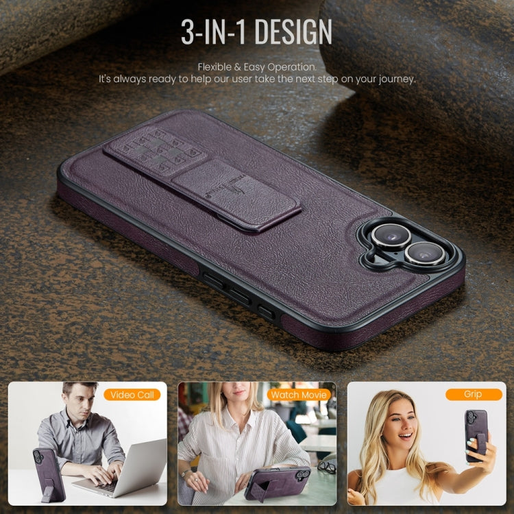 For iPhone 16 Fierre Shann Oil Wax Cow Leather Holder Back Phone Case(Purple) by FIERRE SHANN