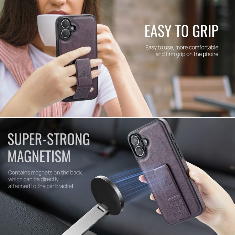 For iPhone 16 Fierre Shann Oil Wax Cow Leather Holder Back Phone Case(Purple) by FIERRE SHANN