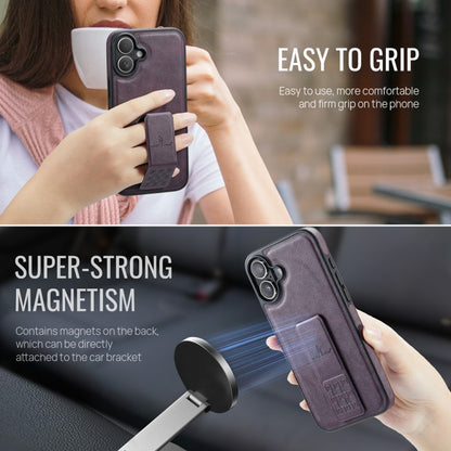 For iPhone 16 Fierre Shann Oil Wax Cow Leather Holder Back Phone Case(Purple) by FIERRE SHANN