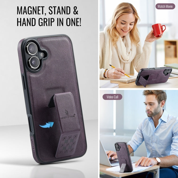 For iPhone 16 Fierre Shann Oil Wax Cow Leather Holder Back Phone Case(Purple) by FIERRE SHANN