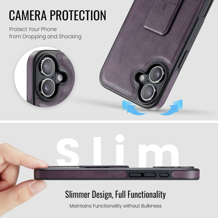 For iPhone 16 Fierre Shann Oil Wax Cow Leather Holder Back Phone Case(Purple) by FIERRE SHANN