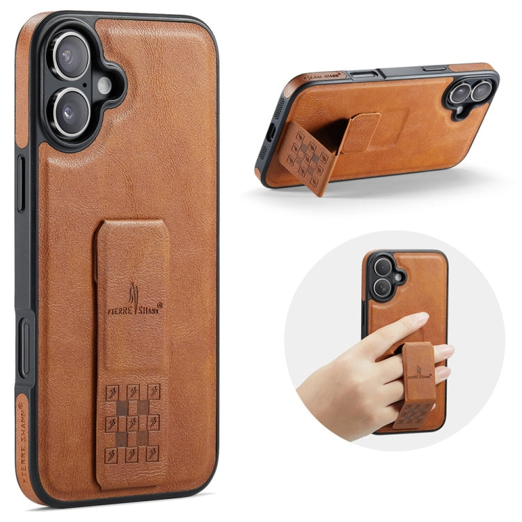 For iPhone 16 Fierre Shann Oil Wax Cow Leather Holder Back Phone Case(Brown) by FIERRE SHANN