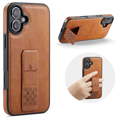 For iPhone 16 Fierre Shann Oil Wax Cow Leather Holder Back Phone Case(Brown) by FIERRE SHANN