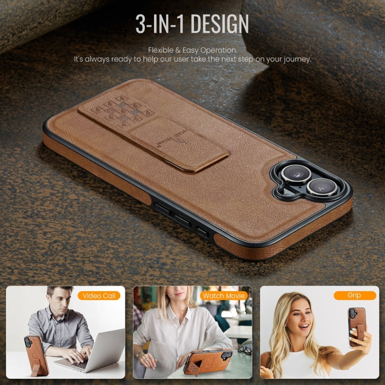 For iPhone 16 Fierre Shann Oil Wax Cow Leather Holder Back Phone Case(Brown) by FIERRE SHANN