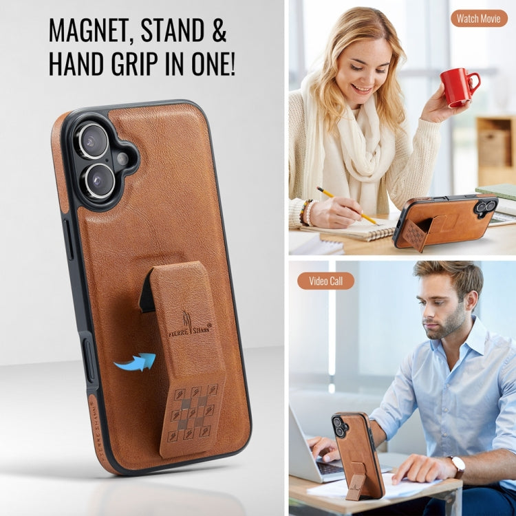 For iPhone 16 Fierre Shann Oil Wax Cow Leather Holder Back Phone Case(Brown) by FIERRE SHANN