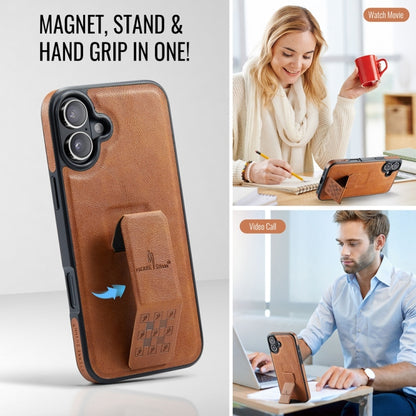 For iPhone 16 Fierre Shann Oil Wax Cow Leather Holder Back Phone Case(Brown) by FIERRE SHANN