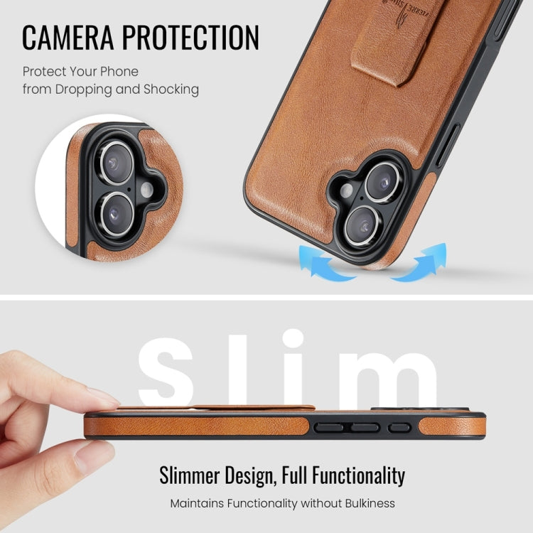 For iPhone 16 Fierre Shann Oil Wax Cow Leather Holder Back Phone Case(Brown) by FIERRE SHANN